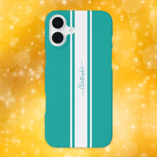 Coque iPhone 16 Plus Moderne Bandes de Course Blanc Sarcelle Monogramme