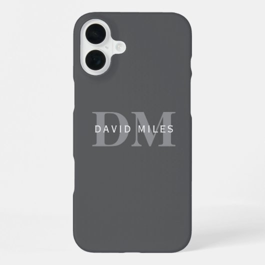 Coque iPhone 16 Plus Moderne Élégant Gris Foncé Monogramme & Nom (Verso)