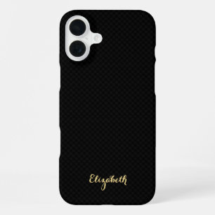 Coque iPhone 16 Plus Moderne Élégant Noir à Damier Monogrammé Or