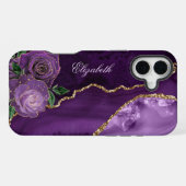 Coque iPhone 16 Plus Monogramme d'agate florale or violet (Verso Horizontal)