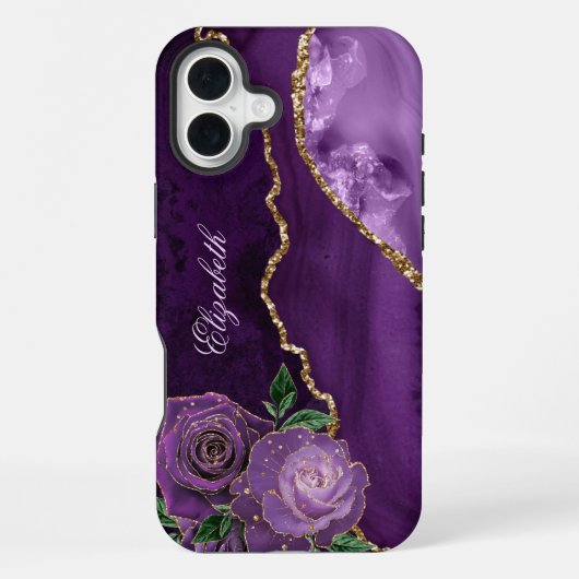 Coque iPhone 16 Plus Monogramme d'agate florale or violet (Verso)