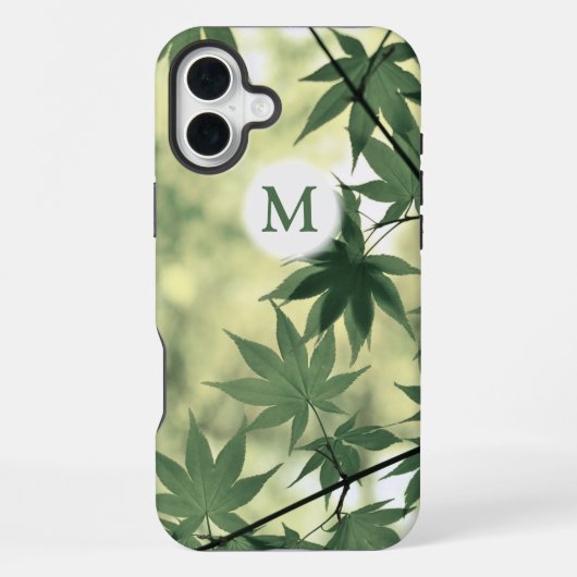 Coque iPhone 16 Plus Monogramme de feuilles d'érable au soleil (Verso)