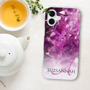 Coque iPhone 16 Plus Monogramme de nom personnalisé Cristaux Ombre Viol