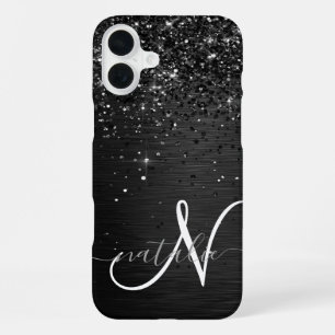 Coque iPhone 16 Plus Monogramme d'étincelle à Parties scintillant noire