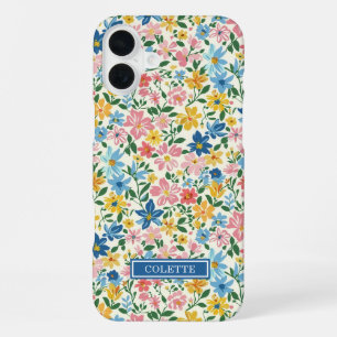 Coque iPhone 16 Plus Monogramme Fleurs Ditsy Bleu et Jaune