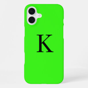 Coque iPhone 16 Plus Monogramme Initial Neon Green Solid Color tendance