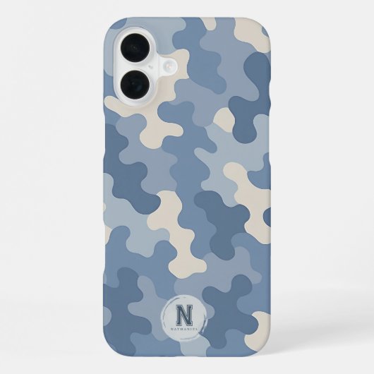 Coque iPhone 16 Plus Monogramme Militaire Camouflage Bleu (Verso)