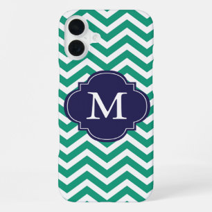 Coque iPhone 16 Plus Monogramme Motif Emerald Green & Blue Zigzags