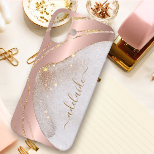 Coque iPhone 16 Plus Monogramme Nom Métal Brossé Paillettes Or Rose Élé