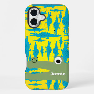 Coque iPhone 16 Plus Motif d'alligator aqua et jaune coloré mignon