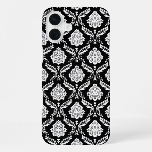 Coque iPhone 16 Plus Motif Damassé Rococo Blanc sur Fond Noir (Verso)