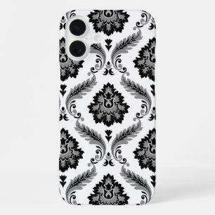 Coque iPhone 16 Plus Motif Damassé Rococo Gris Noir Blanc
