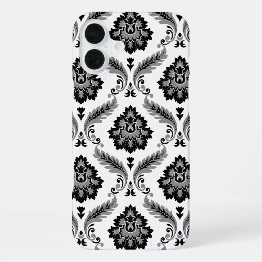 Coque iPhone 16 Plus Motif Damassé Rococo Gris Noir Blanc (Verso)