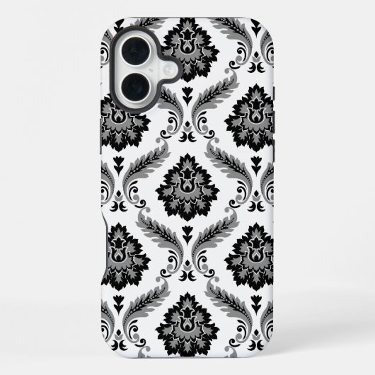 Coque iPhone 16 Plus Motif Damassé Rococo Gris Noir Blanc (Verso)