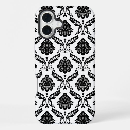 Coque iPhone 16 Plus Motif Damassé Rococo Noir sur Blanc (Verso)