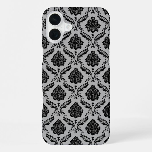 Coque iPhone 16 Plus Motif Damassé Rococo Noir sur Gris (Verso)