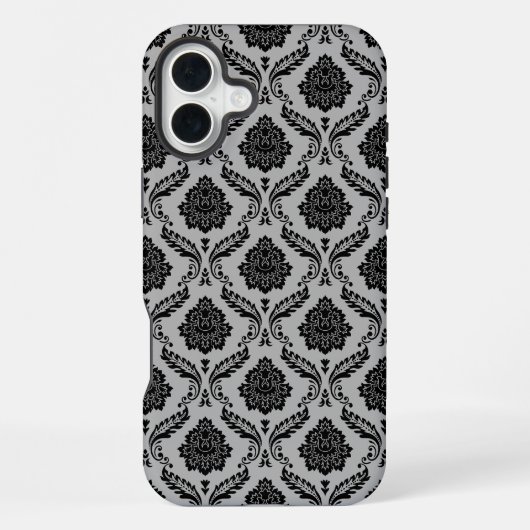 Coque iPhone 16 Plus Motif Damassé Rococo Noir sur Gris (Verso)