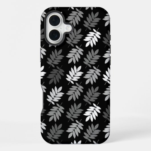 Coque iPhone 16 Plus Motif de feuille aînée noir blanc gris (Verso)