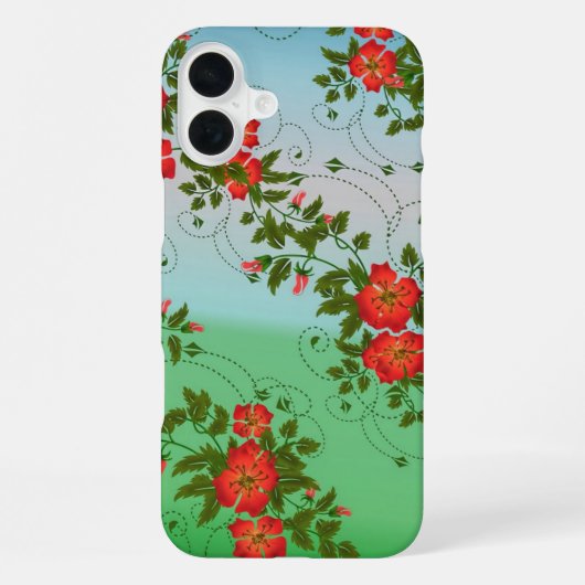 Coque iPhone 16 Plus Motif de fleurs rouges et vertes (Verso)