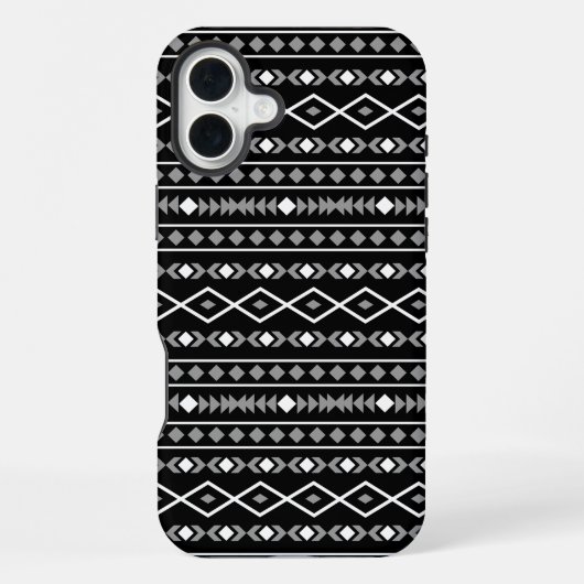 Coque iPhone 16 Plus Motif de formes aztèques gris blanc noir (Verso)