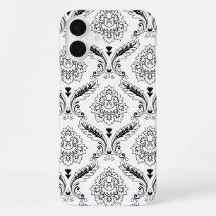 Coque iPhone 16 Plus Motif de ligne en damas rococo noir sur blanc