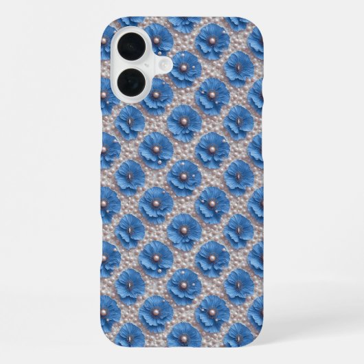 Coque iPhone 16 Plus Motif de perle florale bleue (Verso)