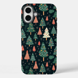 Coque iPhone 16 Plus Motif de sapin de Noël vert et corail festif