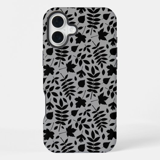 Coque iPhone 16 Plus Motif Feuille tombé noir sur gris (Verso)