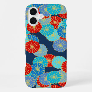 Coque iPhone 16 Plus Motif floral Art Déco - bleu, turquoise et rouge