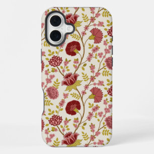 Coque iPhone 16 Plus Motif floral jacobéen rouges roses or crème