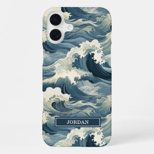 Coque iPhone 16 Plus Motif Vagues Japonaises Monogrammé