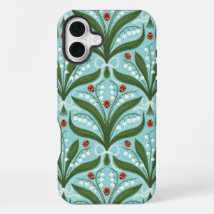Coque iPhone 16 Plus Muguet et coccinelles symétrie en vert,