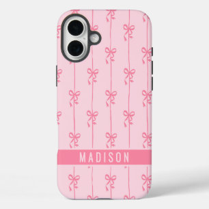 Coque iPhone 16 Plus Nœuds Coquette Rose Nom Personnalisé Moderne Fémin