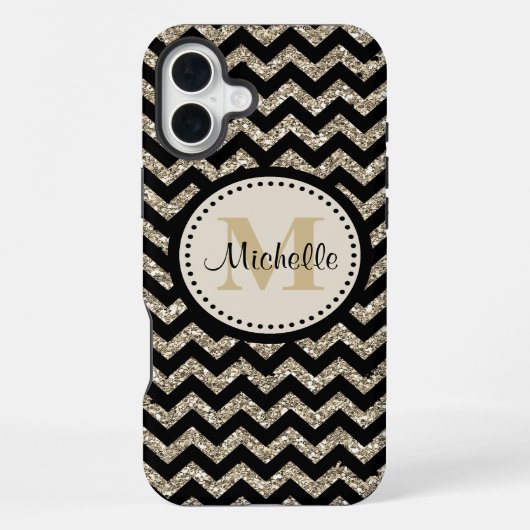 Coque iPhone 16 Plus Noir Chevron Silver Monogramme or (Verso)