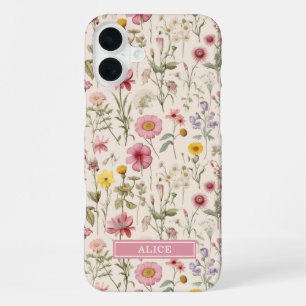 Coque iPhone 16 Plus Nom floral aquarelle botanique rose