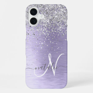 Coque iPhone 16 Plus Nom Monogramme Pailleté Argent Métal Brossé Violet