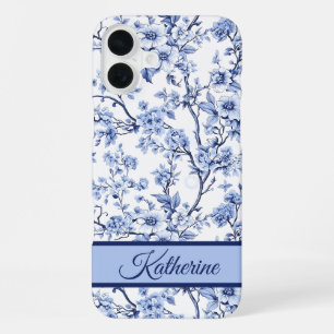 Coque iPhone 16 Plus Nom personnalisé Élégant Floral Bleu Vintage Franç
