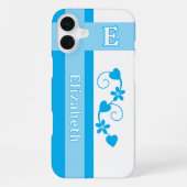 Coque iPhone 16 Plus Nom personnalisé fleurs initiales coeurs bleu (Verso)