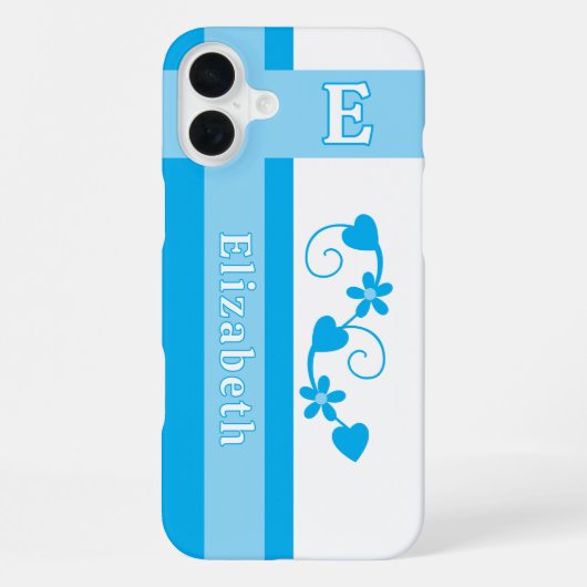 Coque iPhone 16 Plus Nom personnalisé fleurs initiales coeurs bleu (Verso)