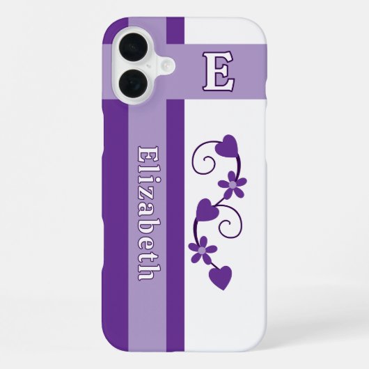 Coque iPhone 16 Plus Nom personnalisé fleurs initiales coeurs pourpre (Verso)