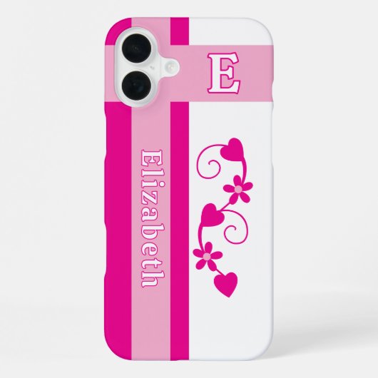 Coque iPhone 16 Plus Nom personnalisé fleurs initiales coeurs rose (Verso)