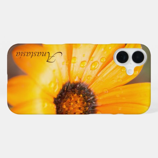 Coque iPhone 16 Plus Nom personnalisé Orange Daisy Gros plan Photo (Verso Horizontal)
