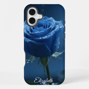 Coque iPhone 16 Plus Nom personnalisé Rose bleue enchantée Floral roman