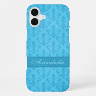 Coque iPhone 16 Plus Nommé Fleur de Lis damassé bleu