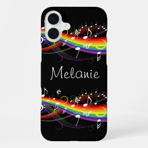 Coque iPhone 16 Plus Notes de musique blanches arc-en-ciel personnalisé