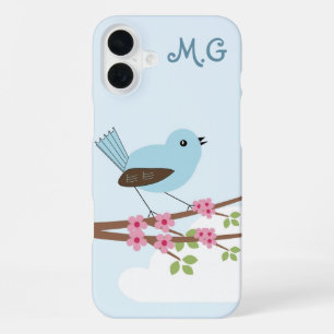 Coque iPhone 16 Plus Oiseau bleu mou dans l'arbre de fleurs Monogramme