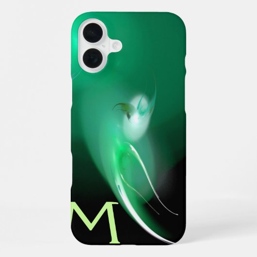 COQUE iPhone 16 PLUS OISEAU LUMINEUX / MONOGRAMME ABSTRAIT NOIR ET VERT (Verso)