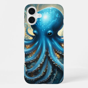 Coque iPhone 16 Plus Ondes Célestes : L'Art Fractal de la Pieuvre Bleue