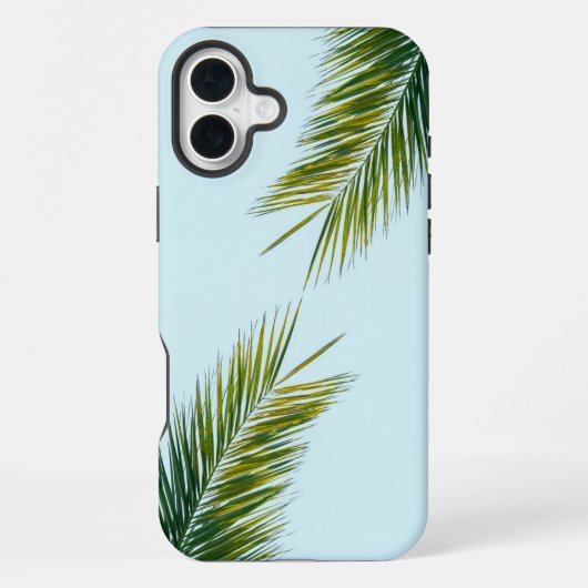 Coque iPhone 16 Plus Palmier Vert Tropical sur Fond Bleu Clair (Verso)