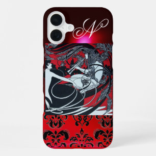 COQUE iPhone 16 PLUS PANNEAU ART NOUVEAU, DAMAS MONOGRAMME ROUGE NOIR B